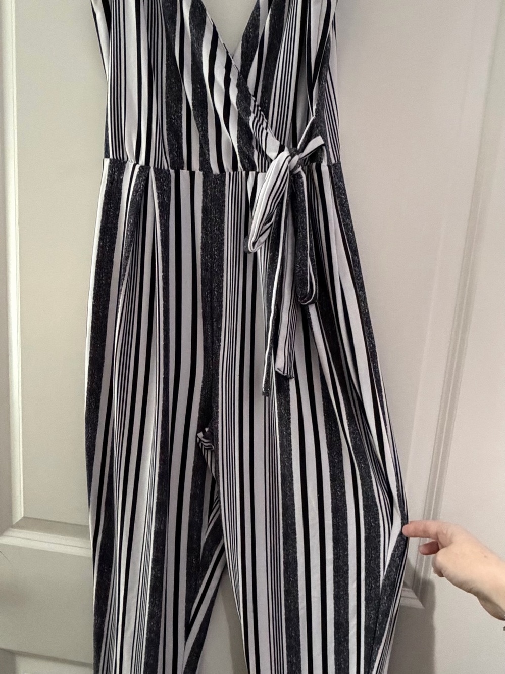 Derek Heart Black and White Vertical Stripe Wrap Jumpsuit